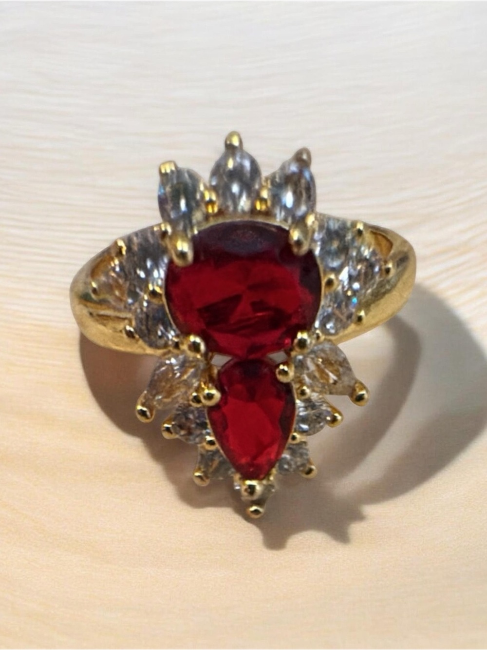 Gold-Tone Red Crystal Statement Ring